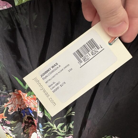 Johnny Was Womn XL Black Floral Cotton Silk Sheer Metalli Notte A-Line Dress NWT - Picture 11 of 14